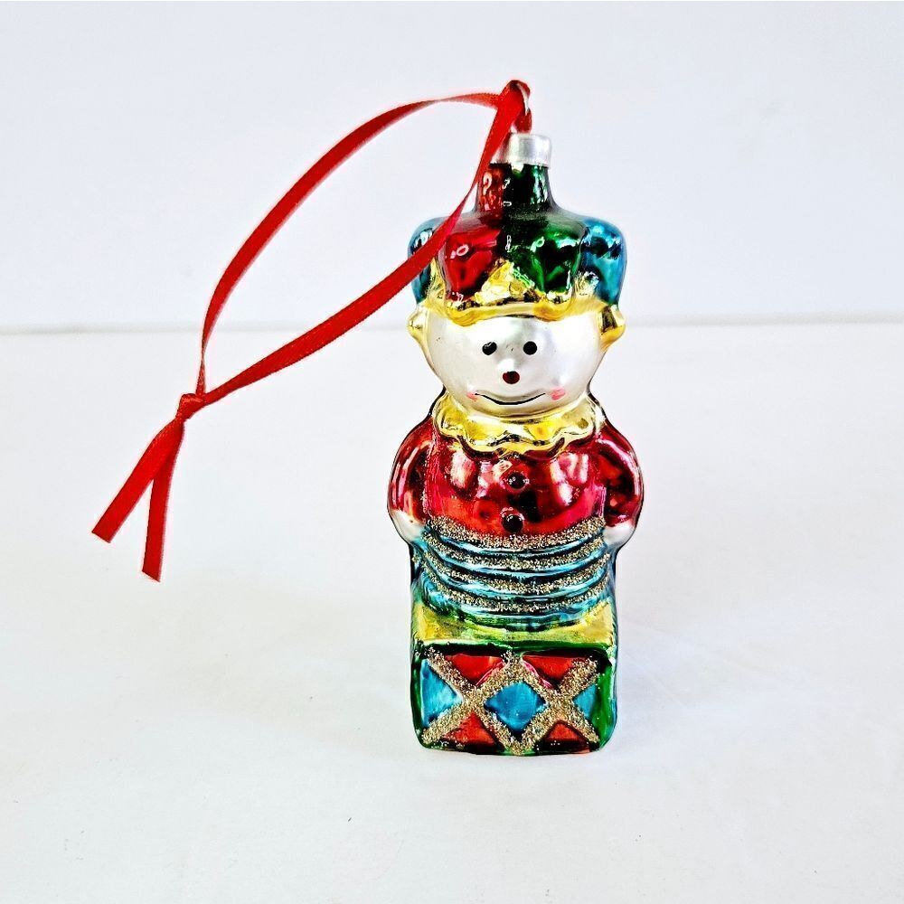 Vintage Blown Glass Clown Jack-In-The-Box Hand Painted Christmas Tree Ornament